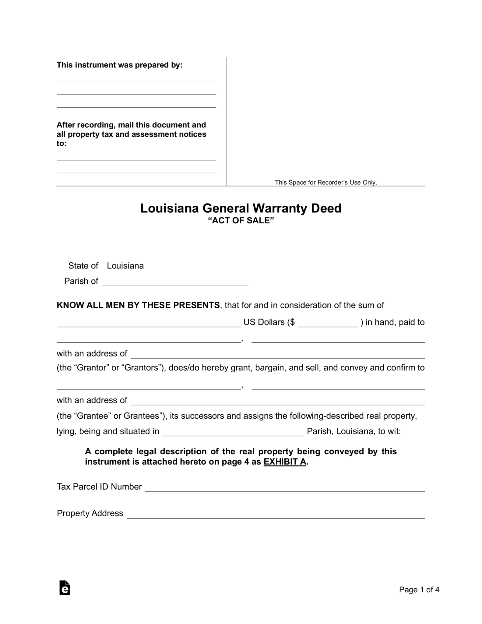 Free Louisiana General Warranty Deed Form - PDF | Word – eForms