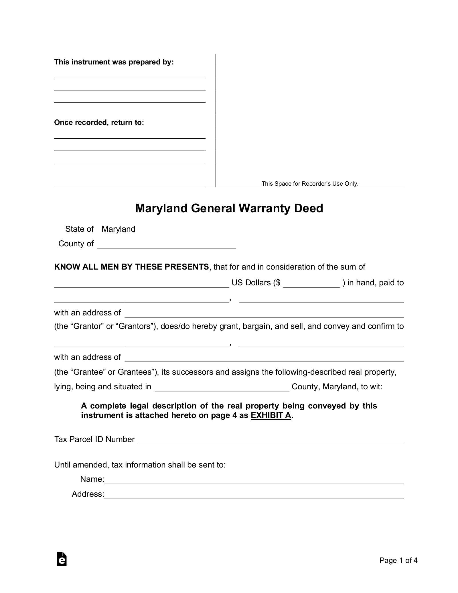 Maryland General Warranty Deed Form