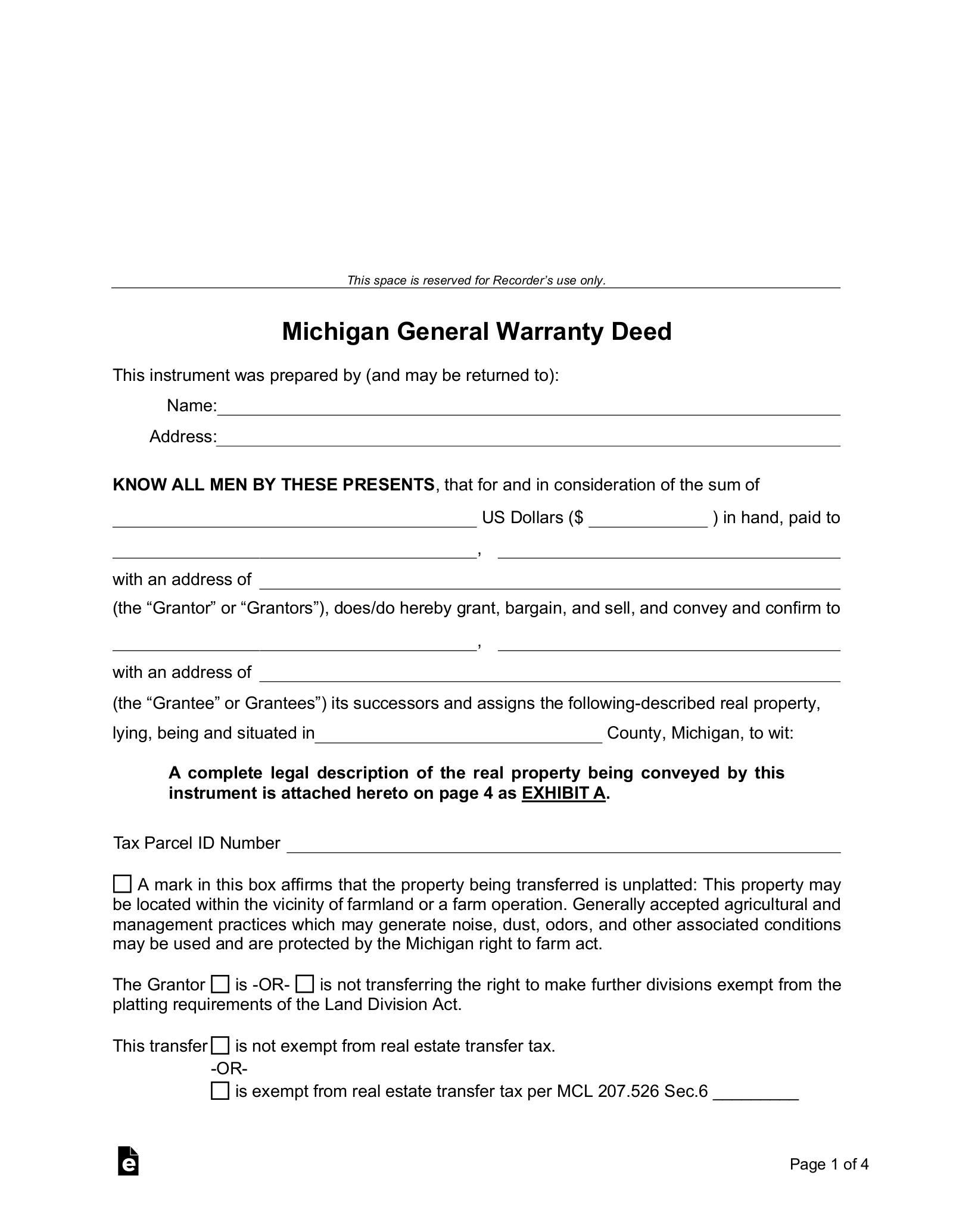 Michigan General Warranty Deed Form