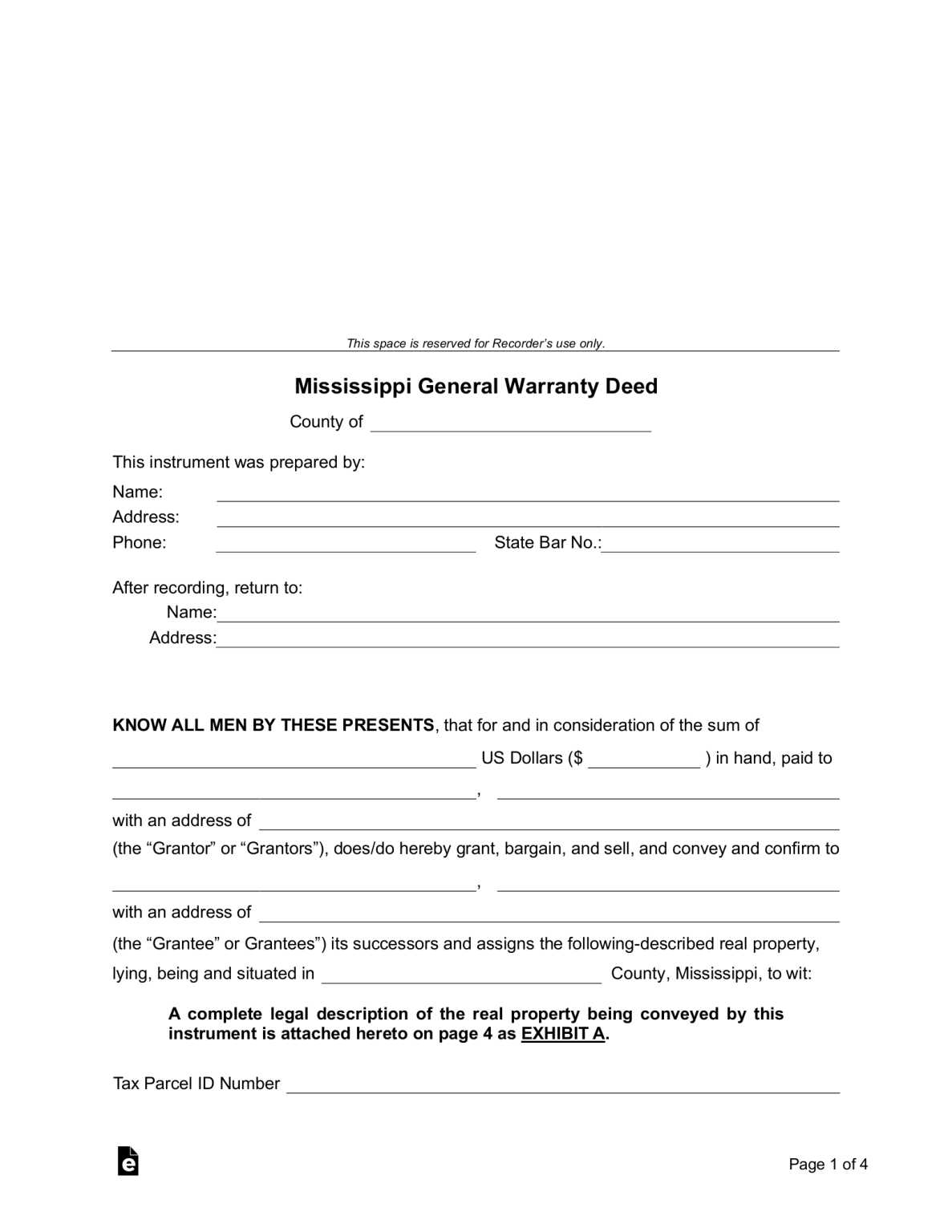 Free Mississippi General Warranty Deed Form PDF Word eForms
