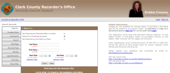 clark county recorder's office records search page