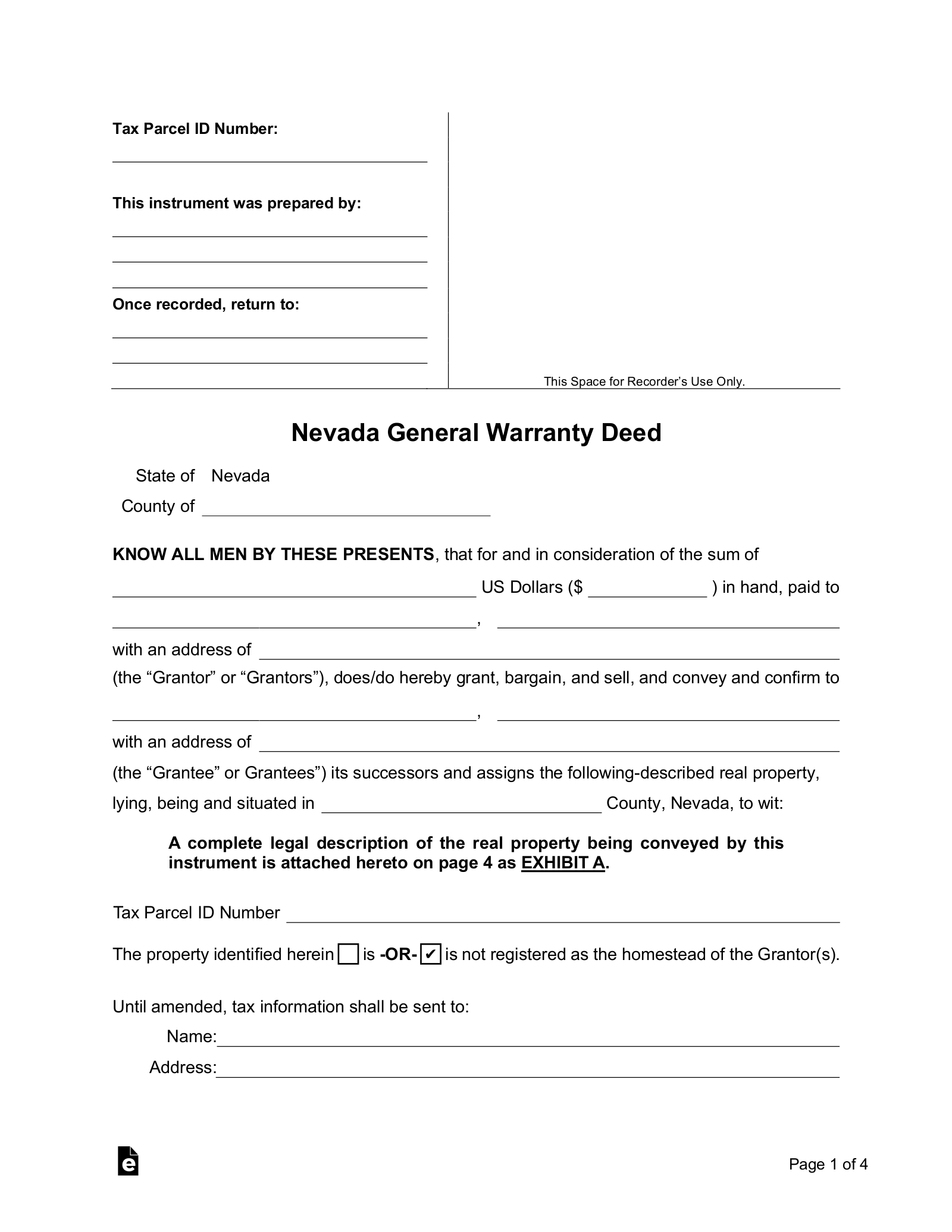 Nevada General Warranty Deed Form