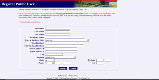 iowa land records user registration page
