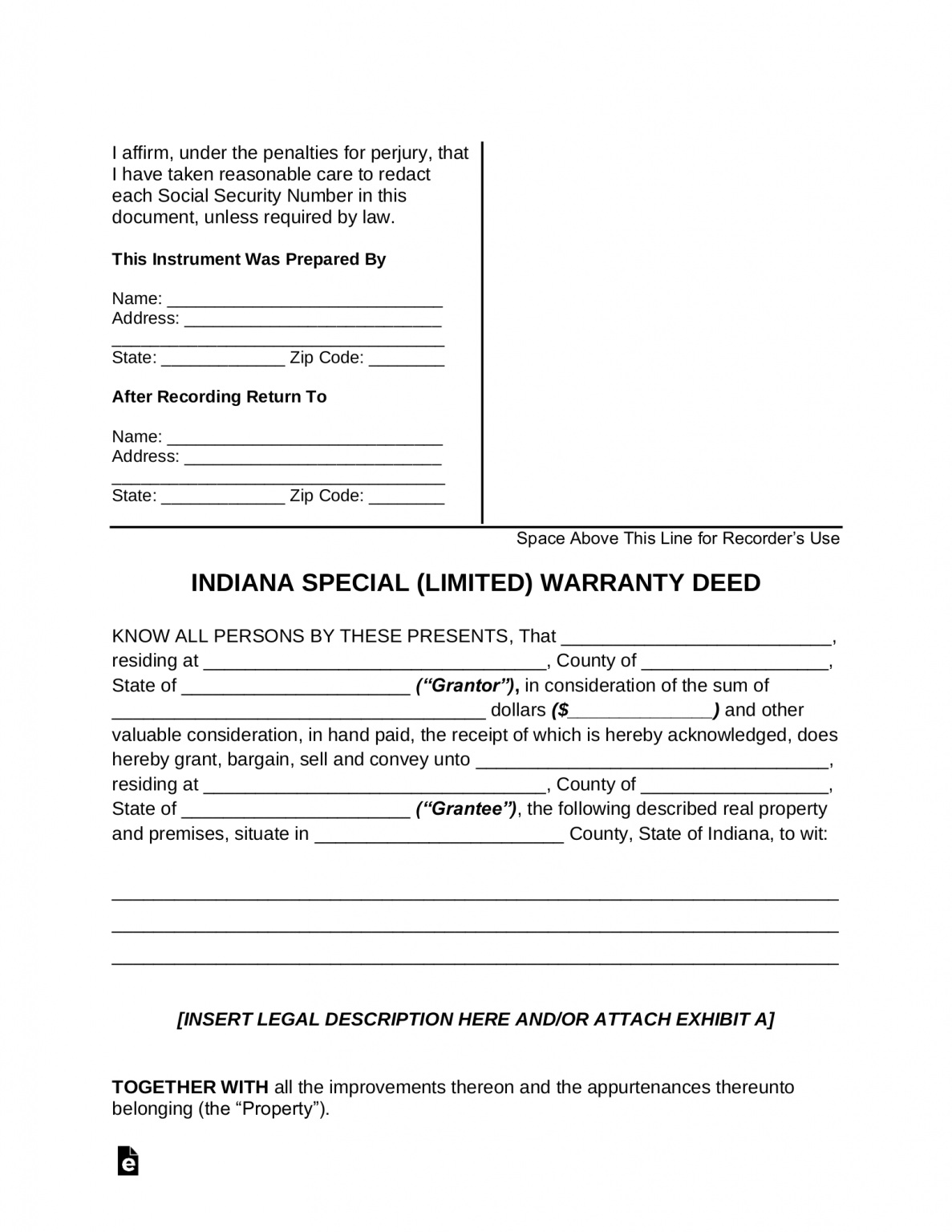 Free Indiana Special Warranty Deed Form - PDF | Word – eForms