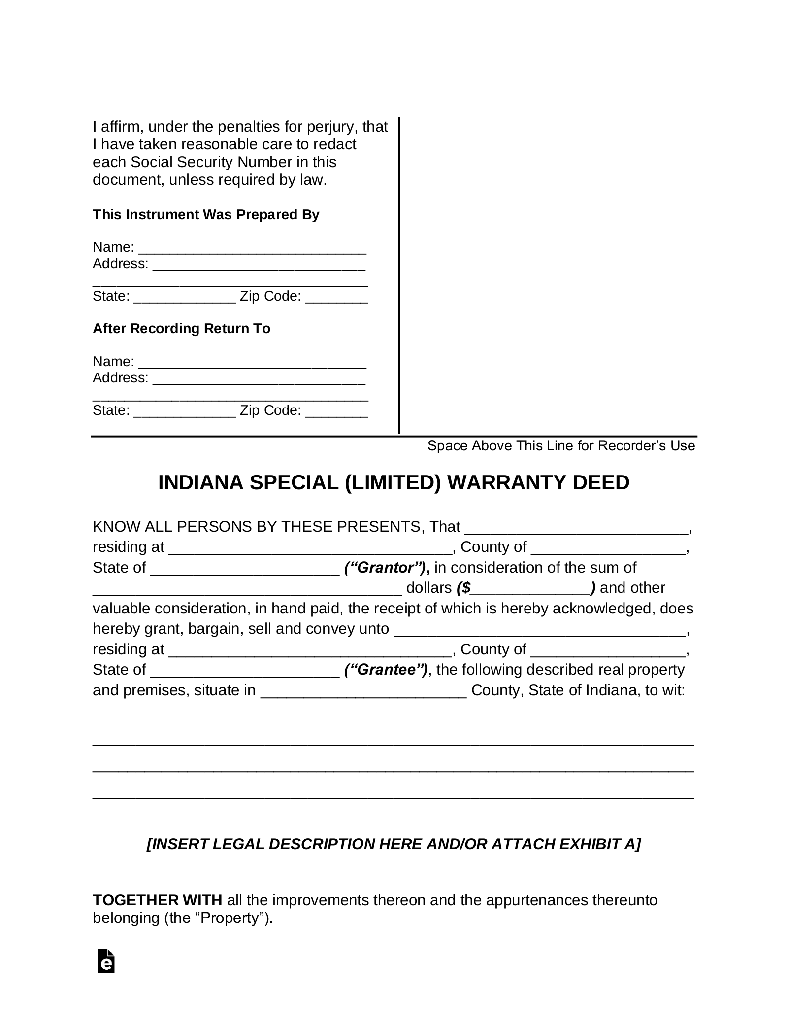 Indiana Special Warranty Deed Form
