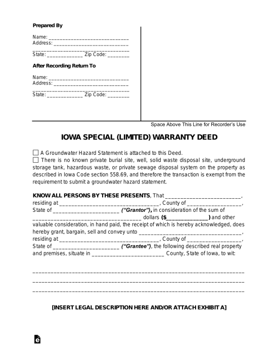 Iowa Special Warranty Deed