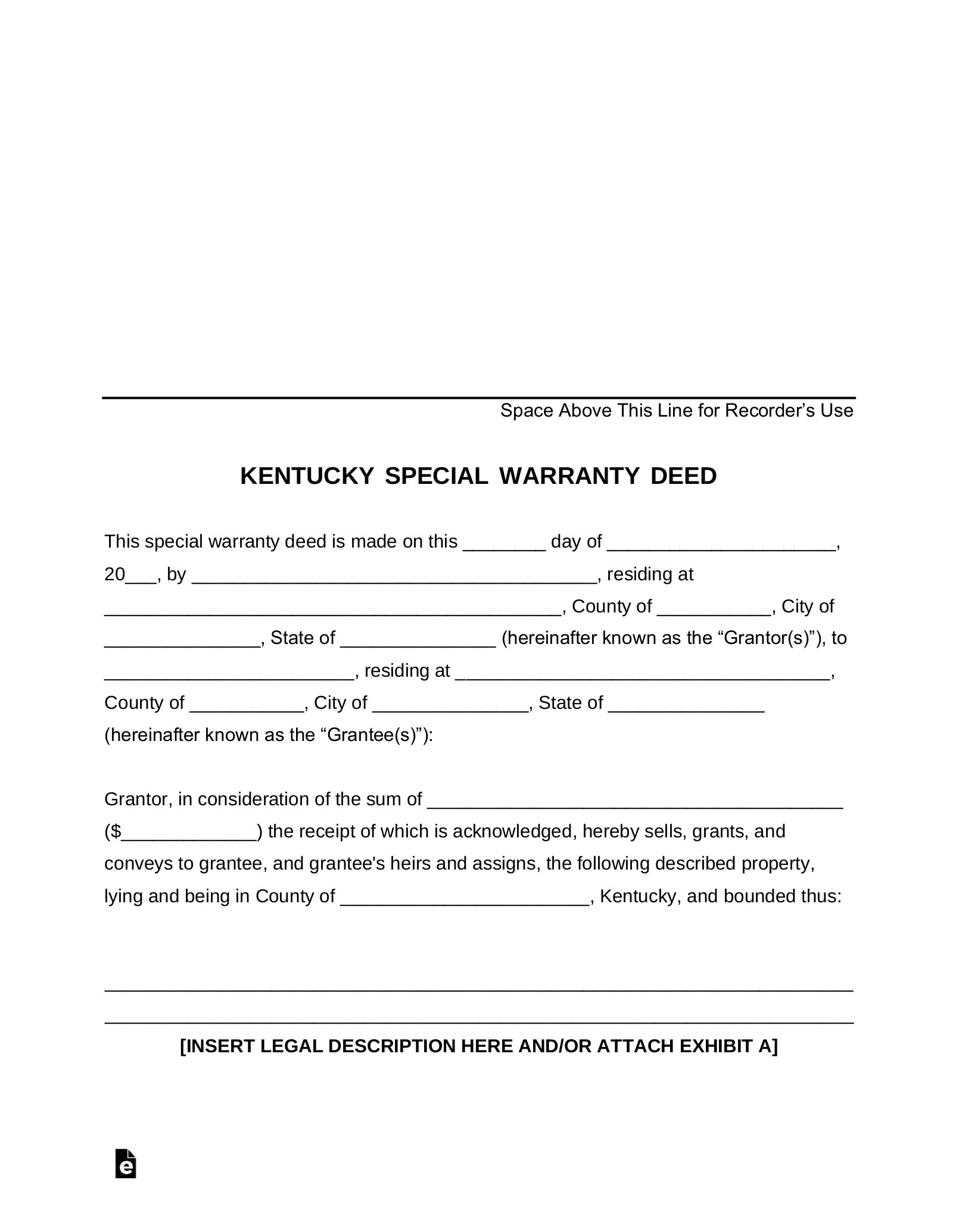 Kentucky Special Warranty Deed Form