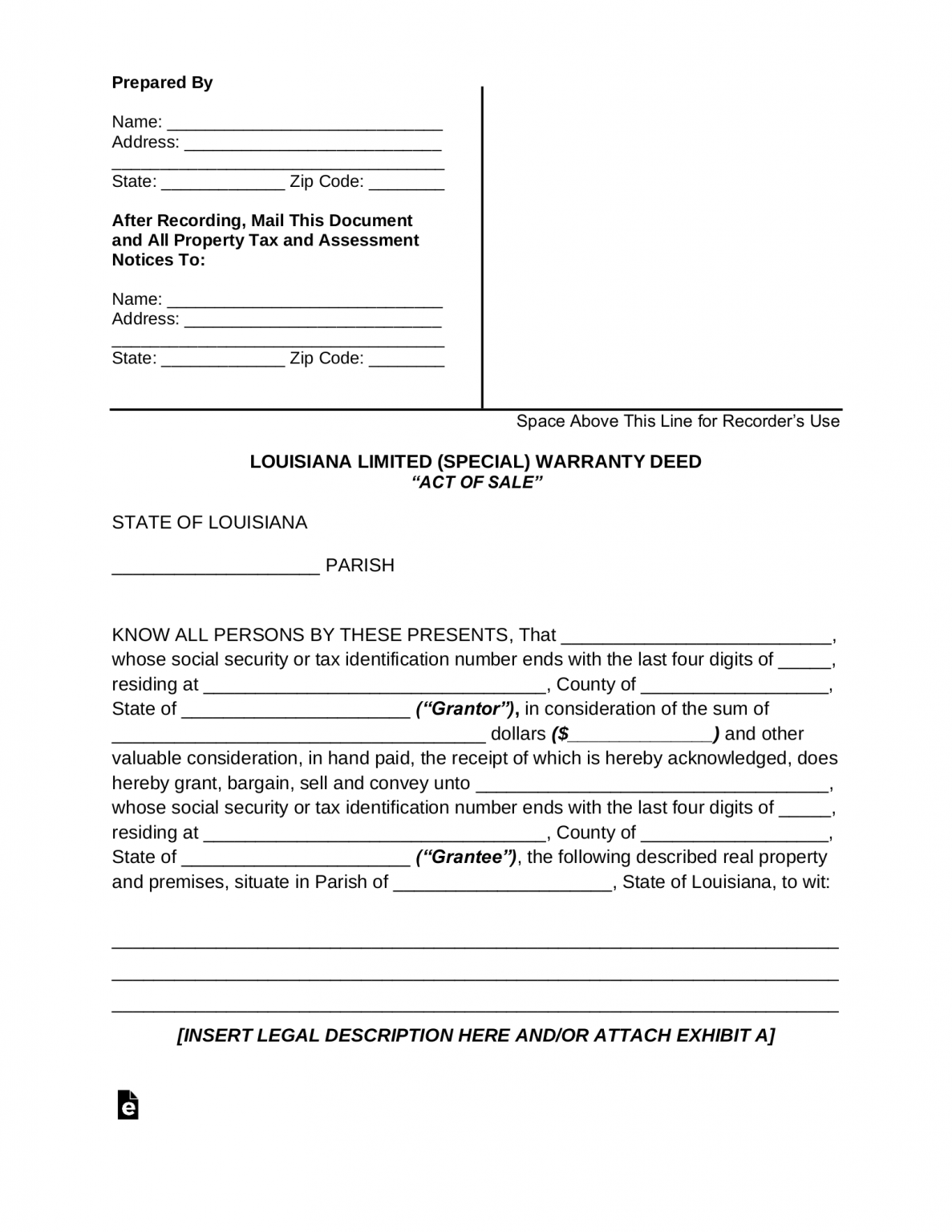 Free Louisiana Special Warranty Deed Form PDF Word eForms