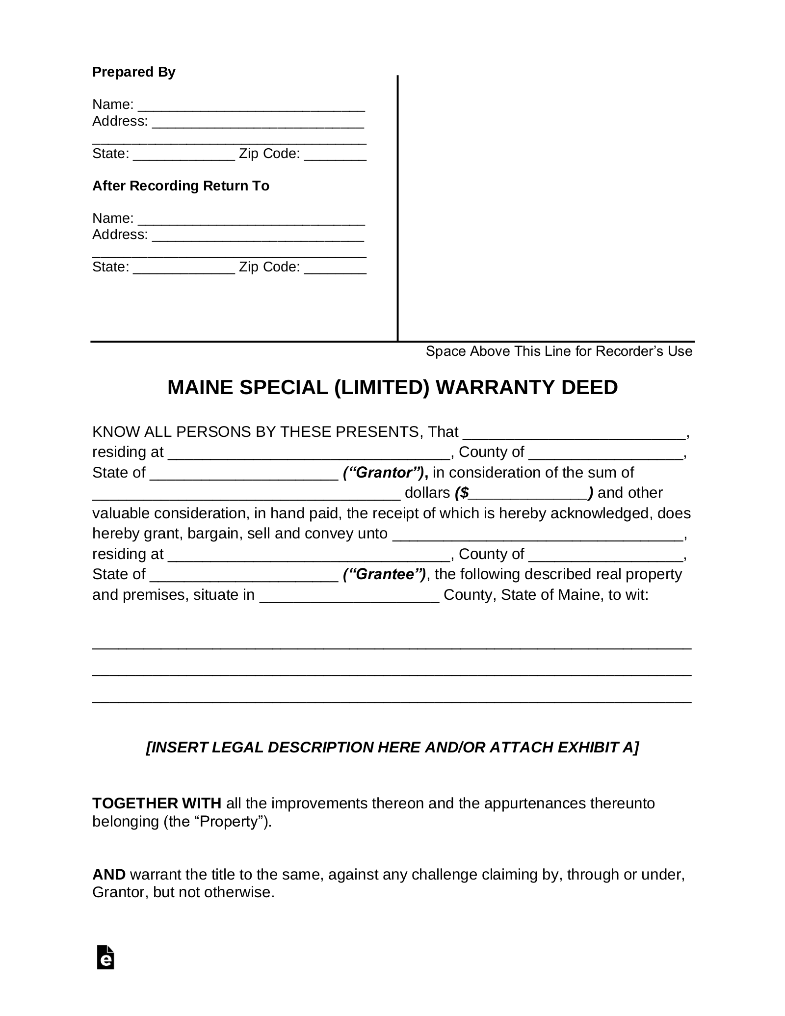 Maine Special Warranty Deed Form