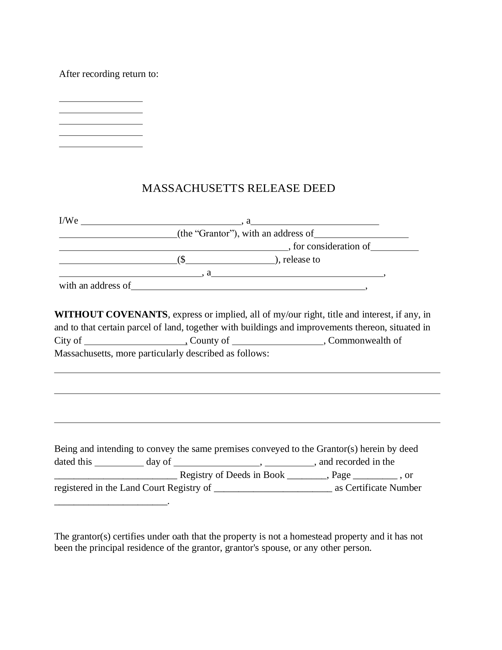 Massachusetts Release Deed Form