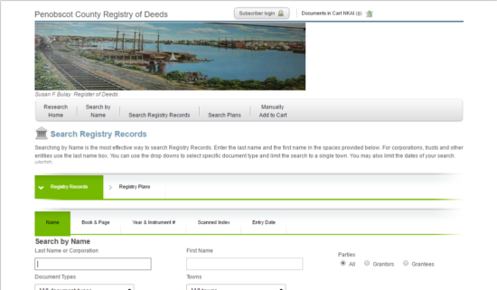 Penobscot County Registry of Deeds search page