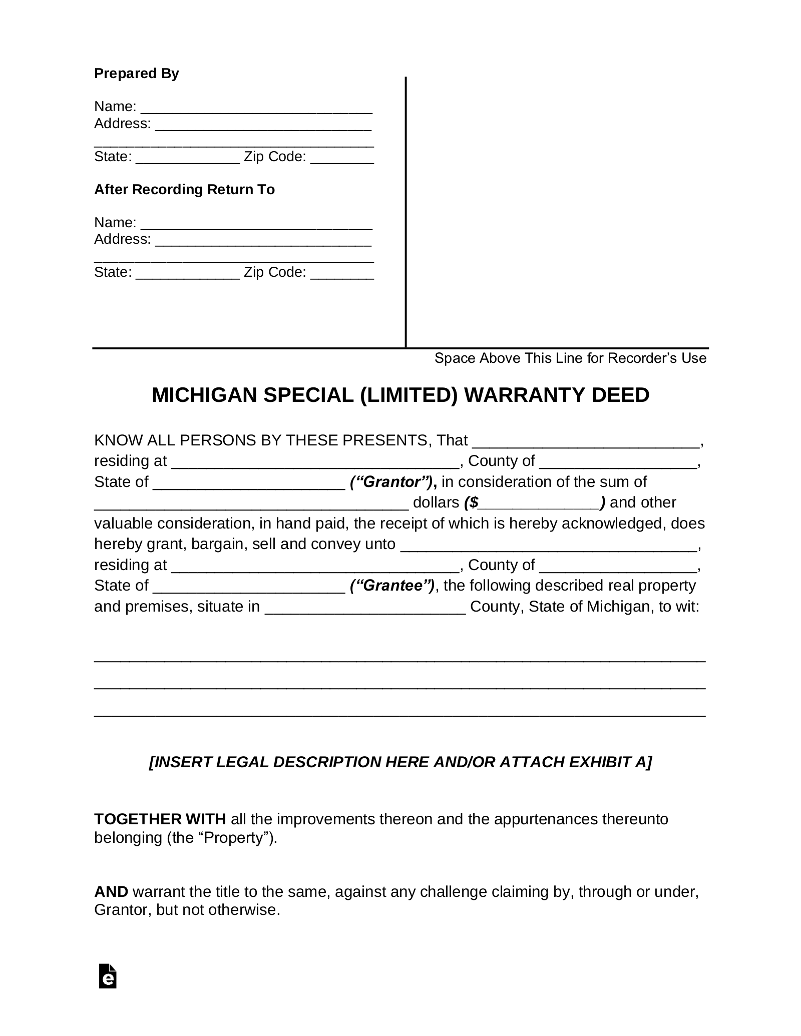 Michigan Special Warranty Deed Form