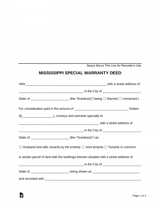 Mississippi Special Warranty Deed
