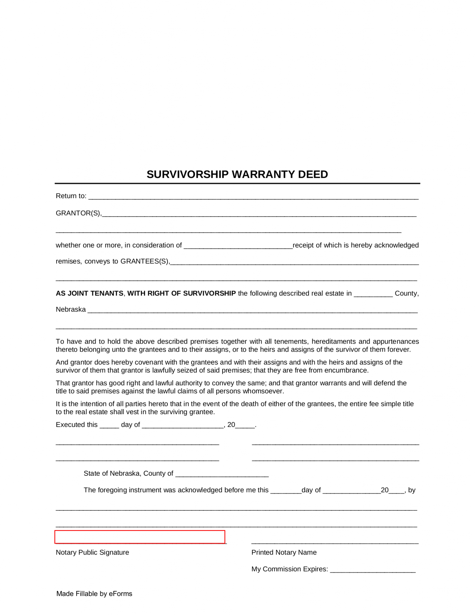 Free Nebraska Survivorship Warranty Deed Form PDF eForms