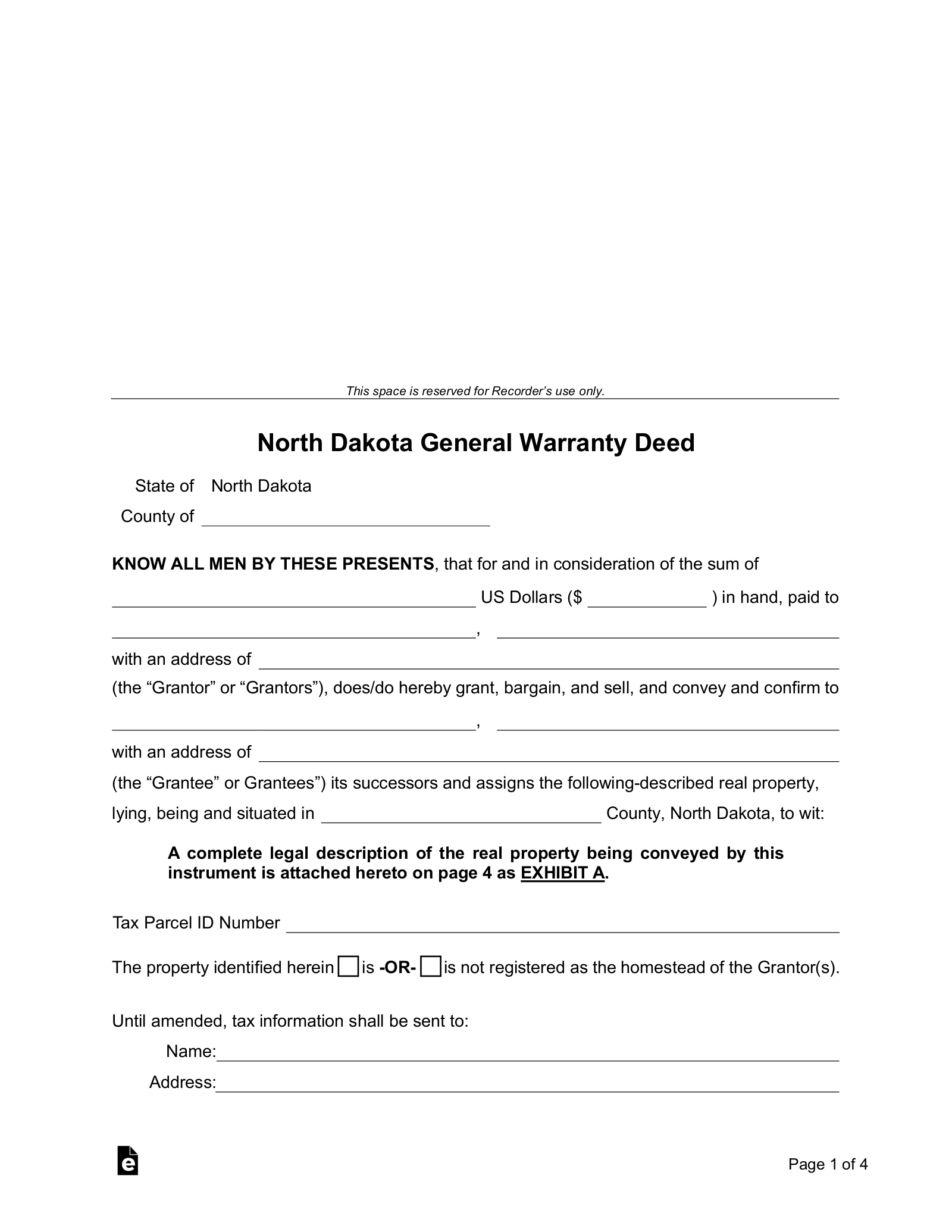 North Dakota General Warranty Deed Form