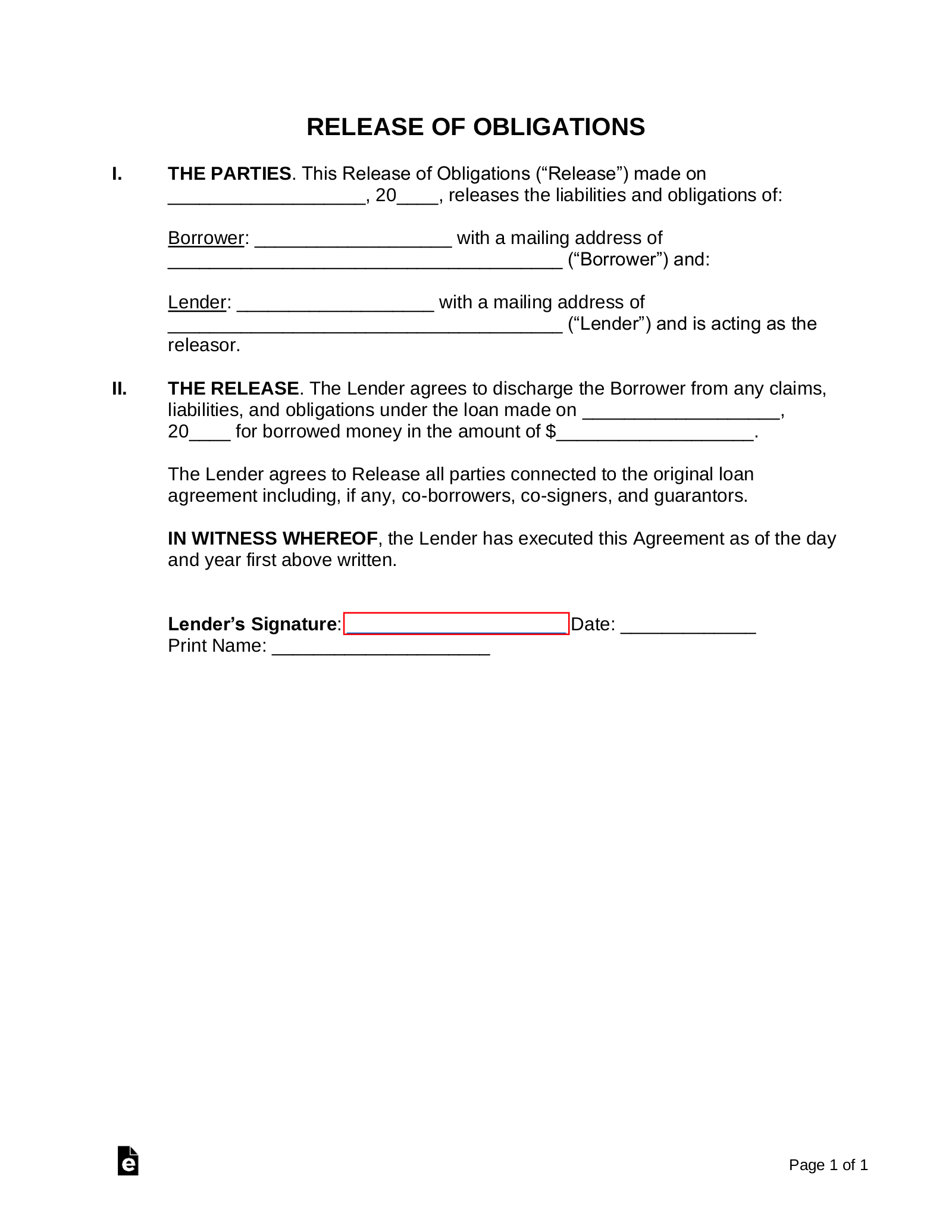 Promissory Note (Loan) Release Form