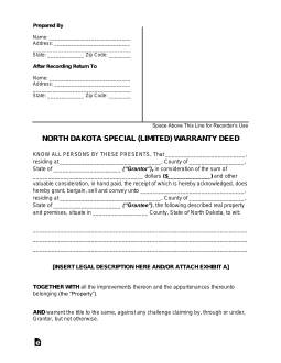 North Dakota Special Warranty Deed Form