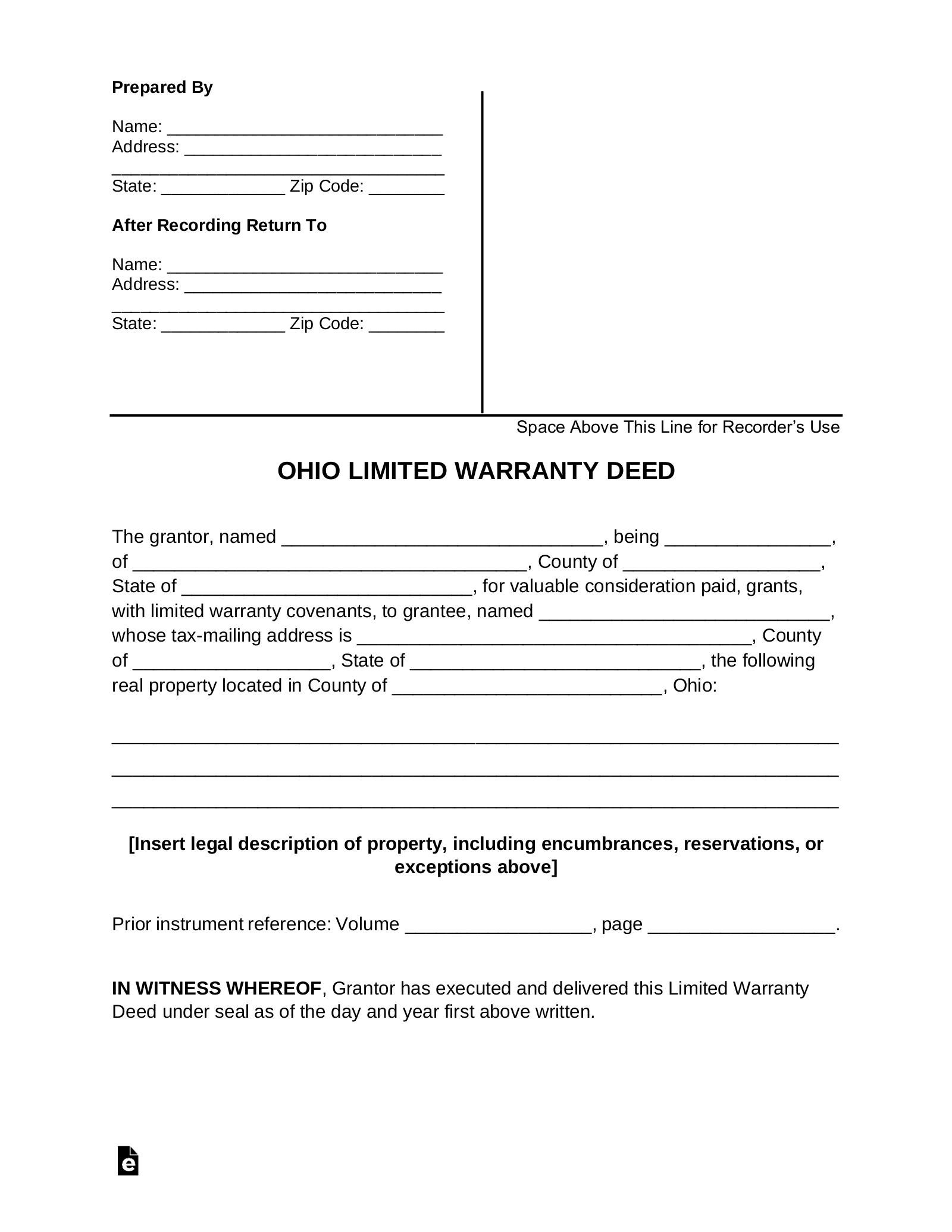 Ohio Limited (Special) Warranty Deed Form
