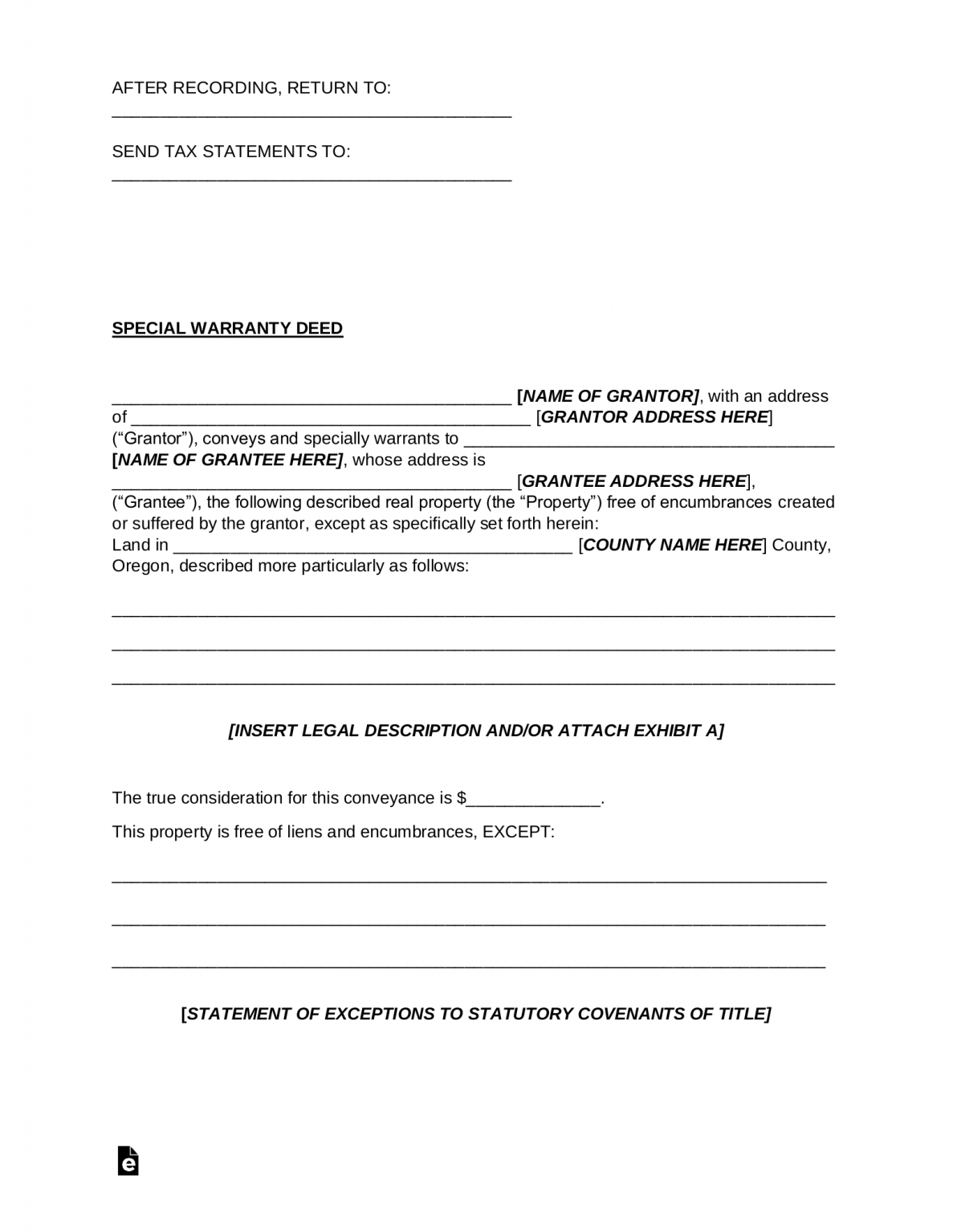 Free Oregon Special Warranty Deed Form - PDF | Word – eForms