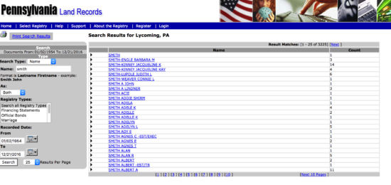 pennsylvania land records search results