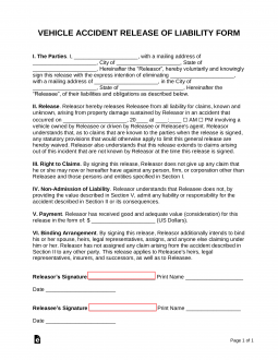 Car Accident Release of Liability Form (Settlement Agreement)
