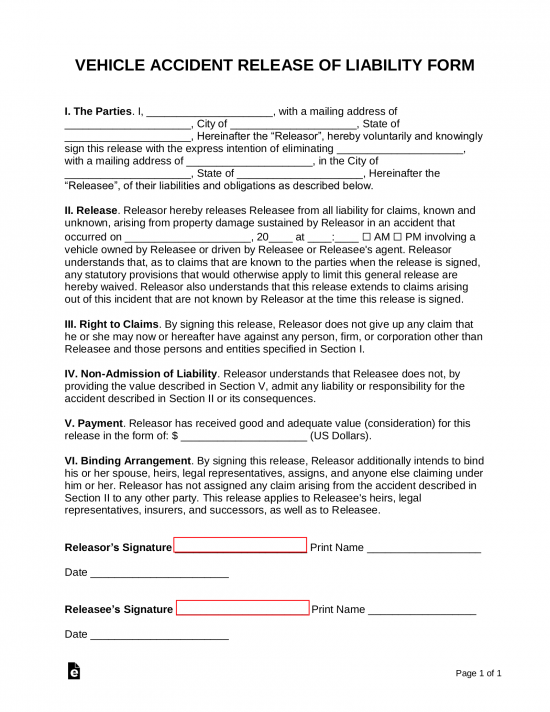 Free Release Of Liability Waiver Forms 14 Pdf Word Eforms 5372