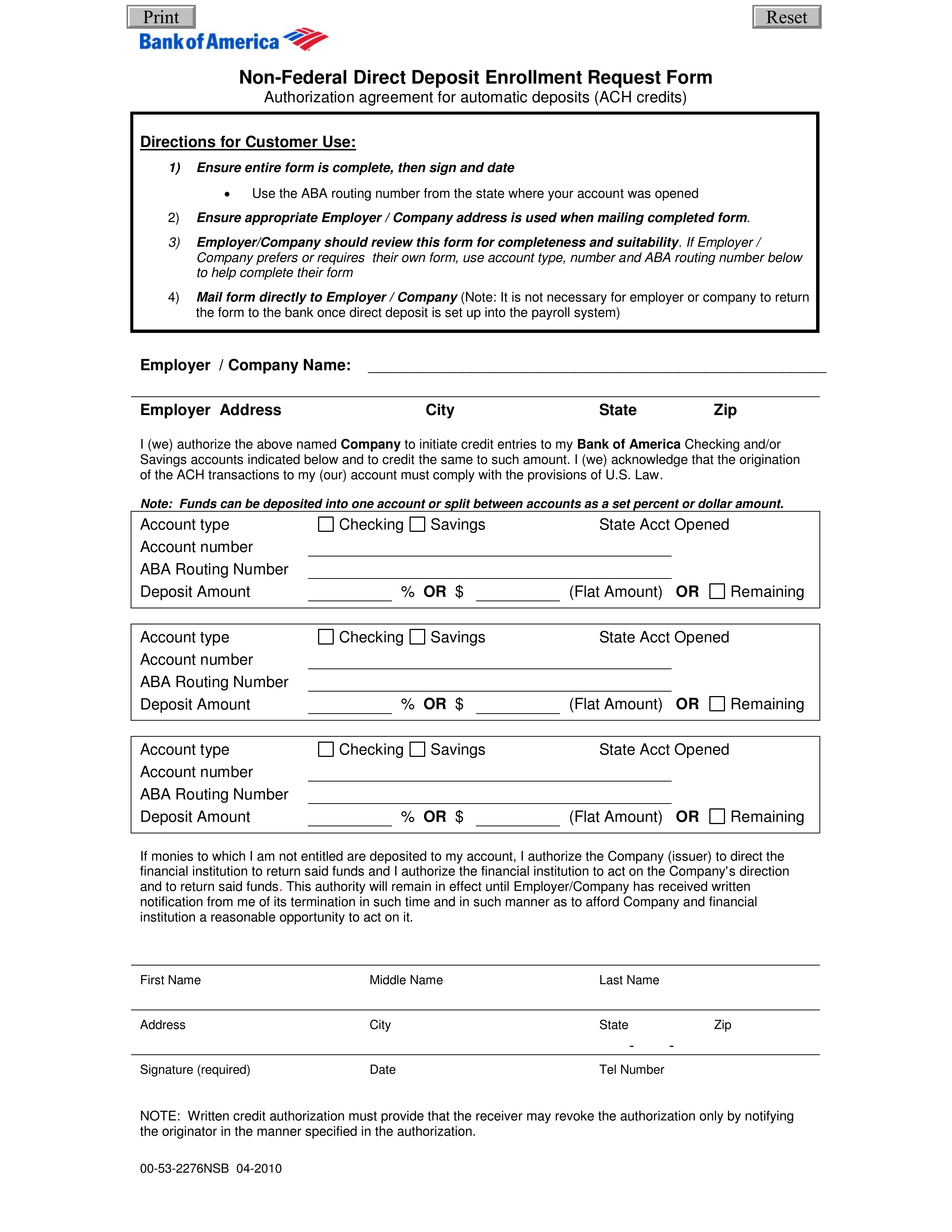 Free Bank of America Direct Deposit Form - PDF – eForms