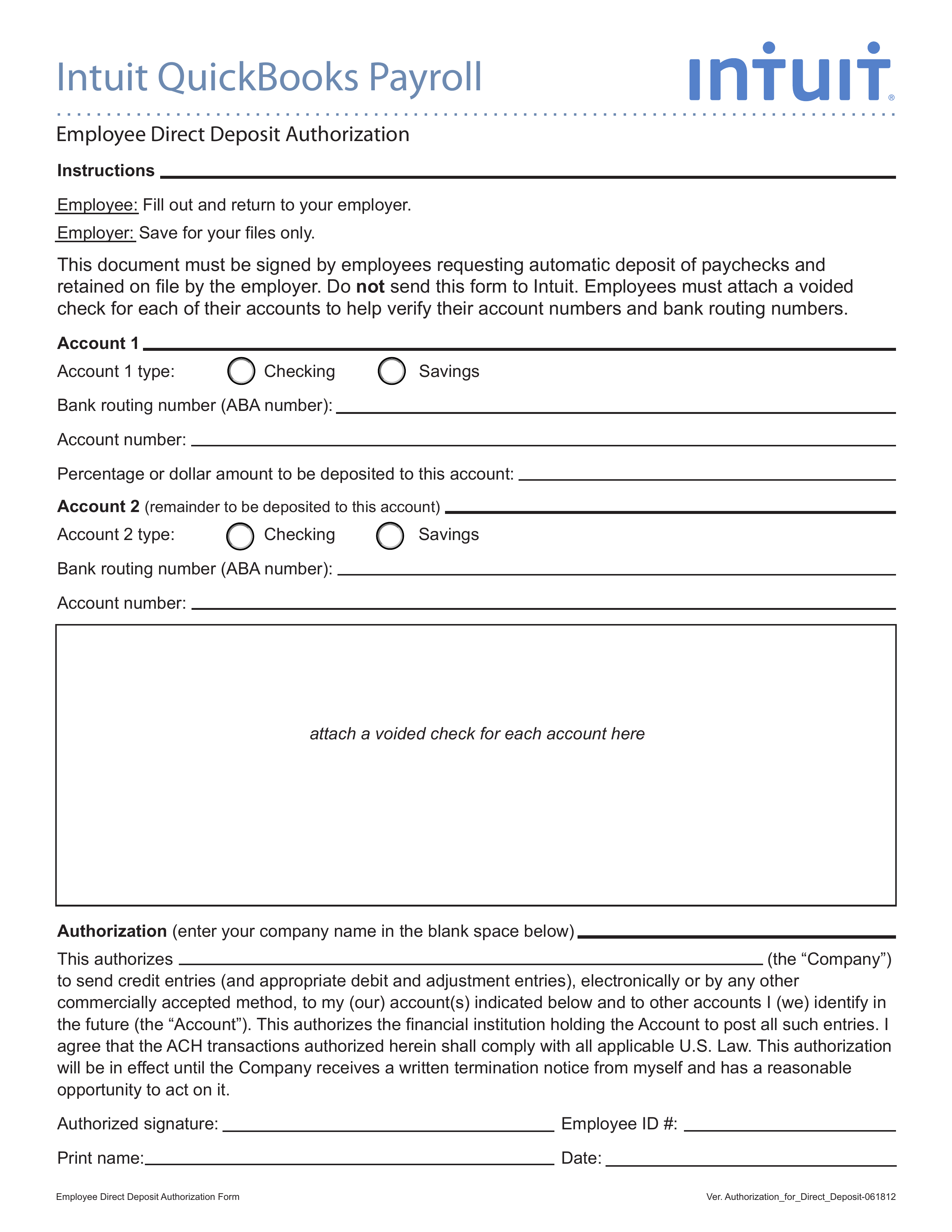 direct deposit form employer
 Free Intuit/Quickbooks Payroll Direct Deposit Form - PDF ...