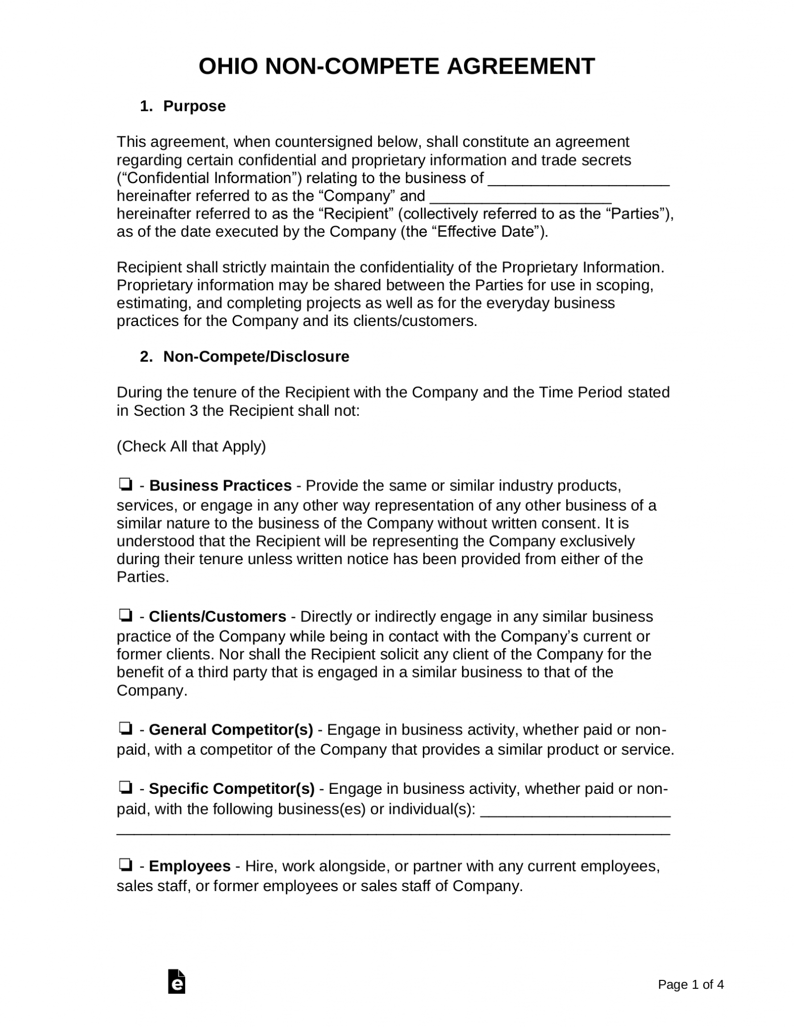 Free Ohio Non Compete Agreement Template PDF Word EForms