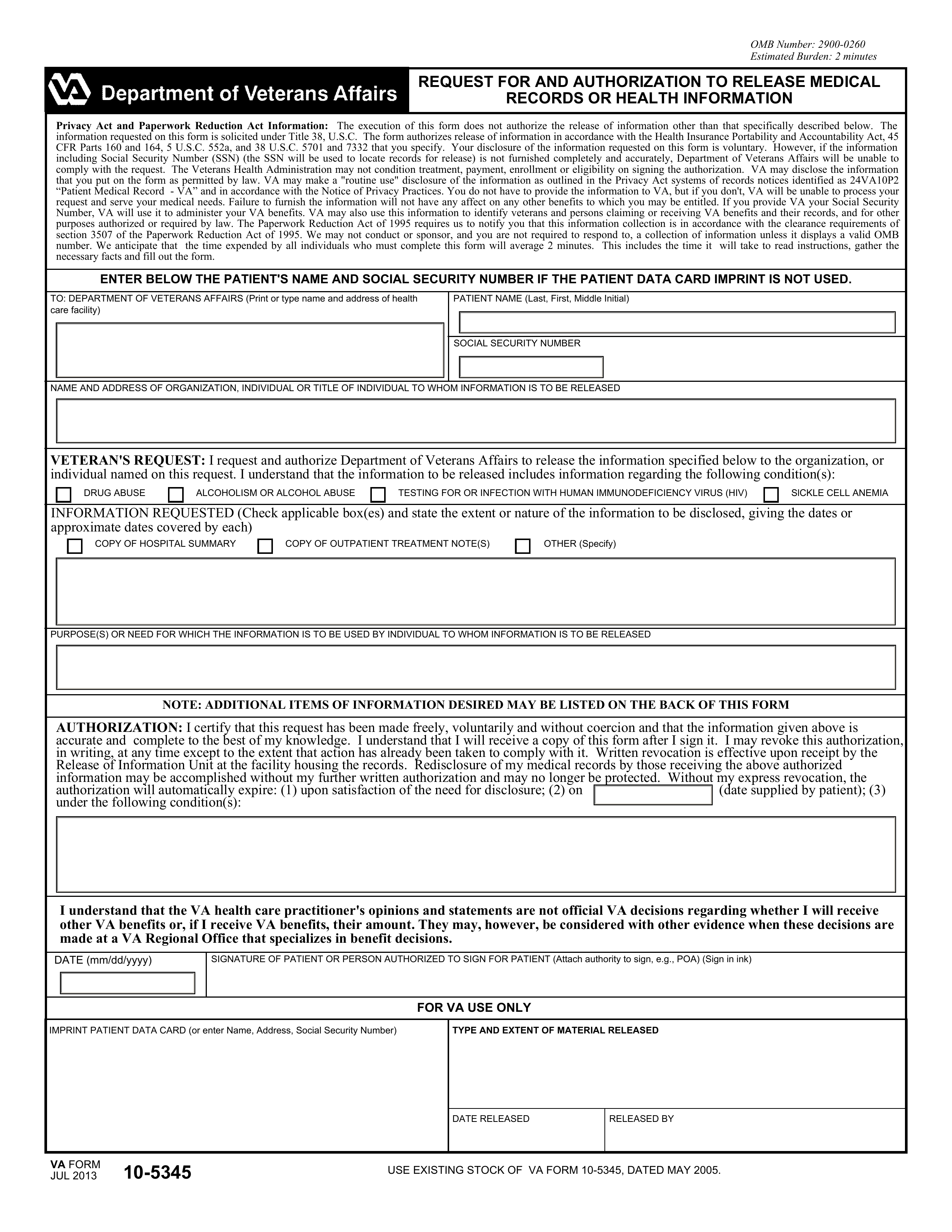 Veterans Affairs Request for and Authorization to Release Medical Records or Health Information (VA Form 10-5345)