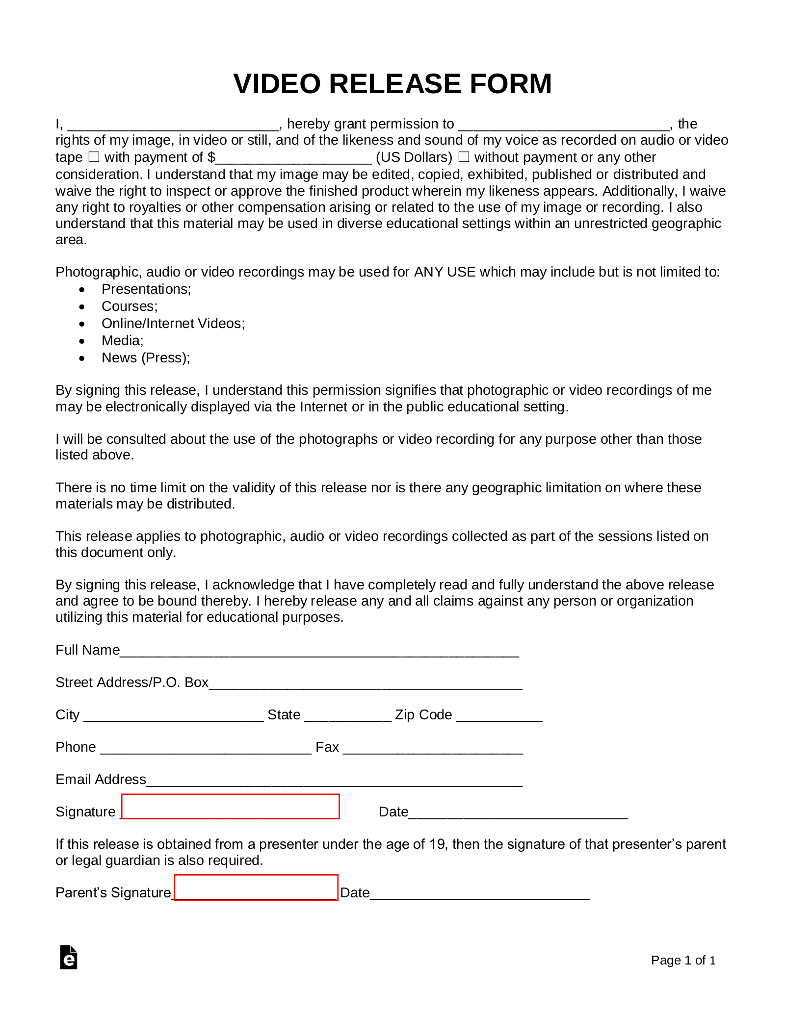 Standard Media Release Form Template from eforms.com