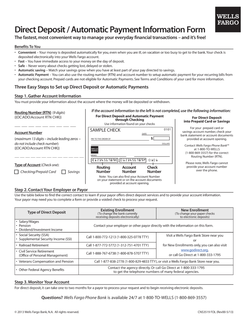 Free Wells Fargo Direct Deposit Form - PDF – eForms