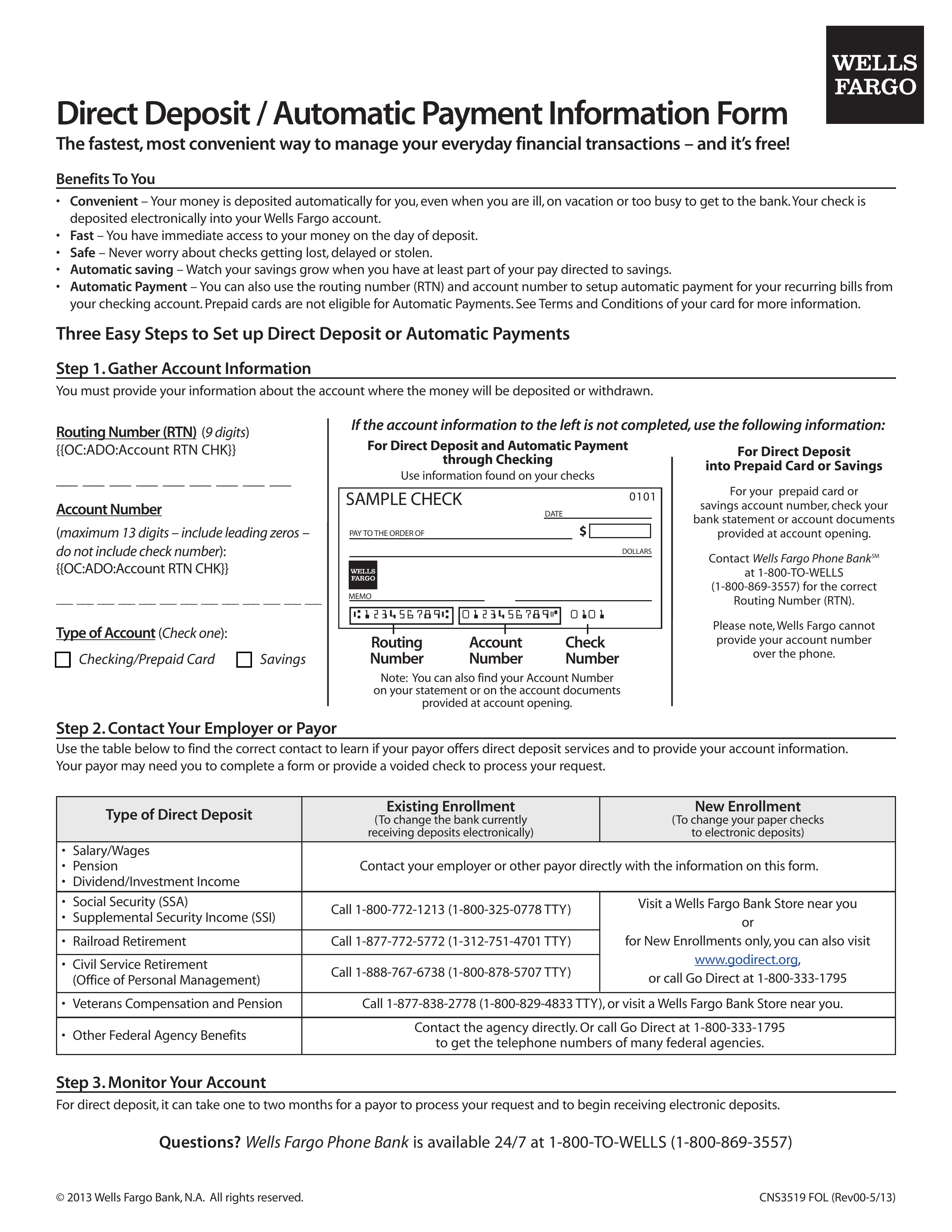 Wells Fargo Direct Deposit Form