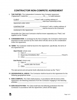 Free Independent Contractor Non Compete Agreement PDF Word eForms