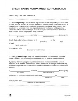 Credit Card (ACH) Authorization Forms (4) | Sample