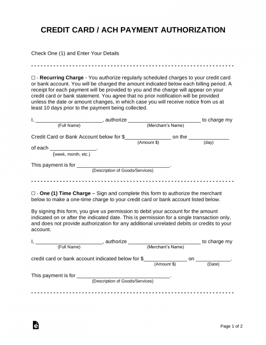 Free Credit Card (ACH) Authorization Forms (4) Sample PDF Word