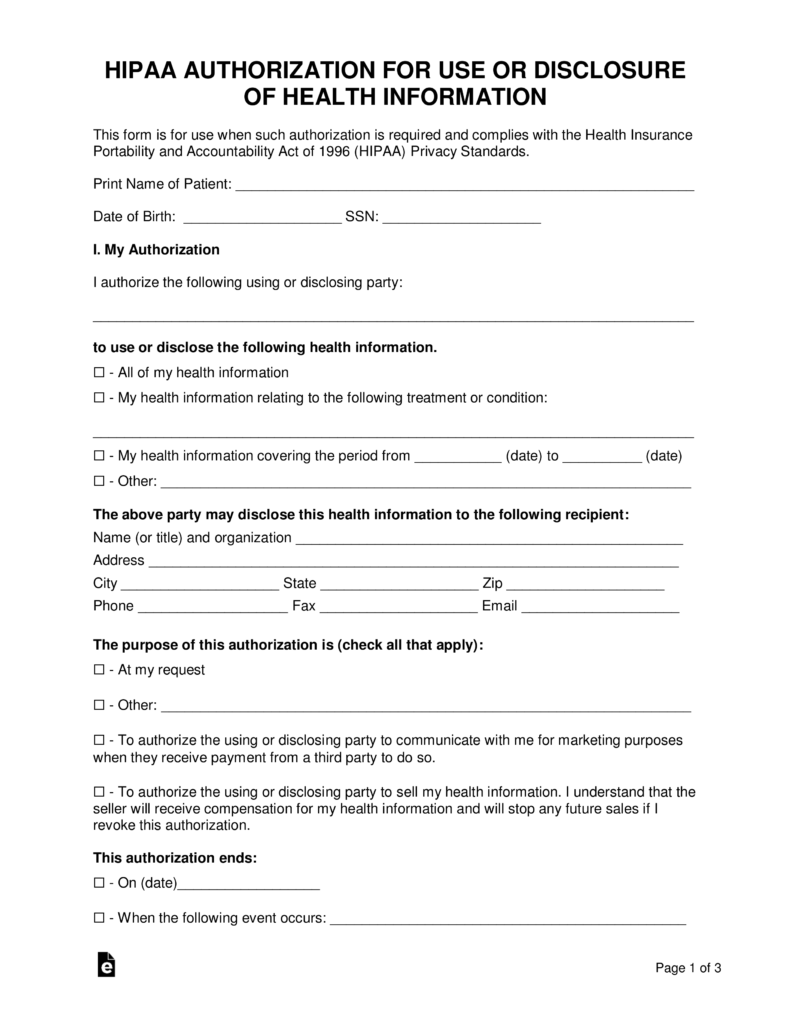 Free Printable Hipaa Authorization Form 3265