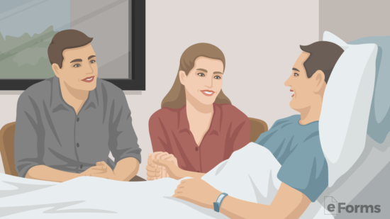 patient in hospital bed in conversation with personal representative and another individual