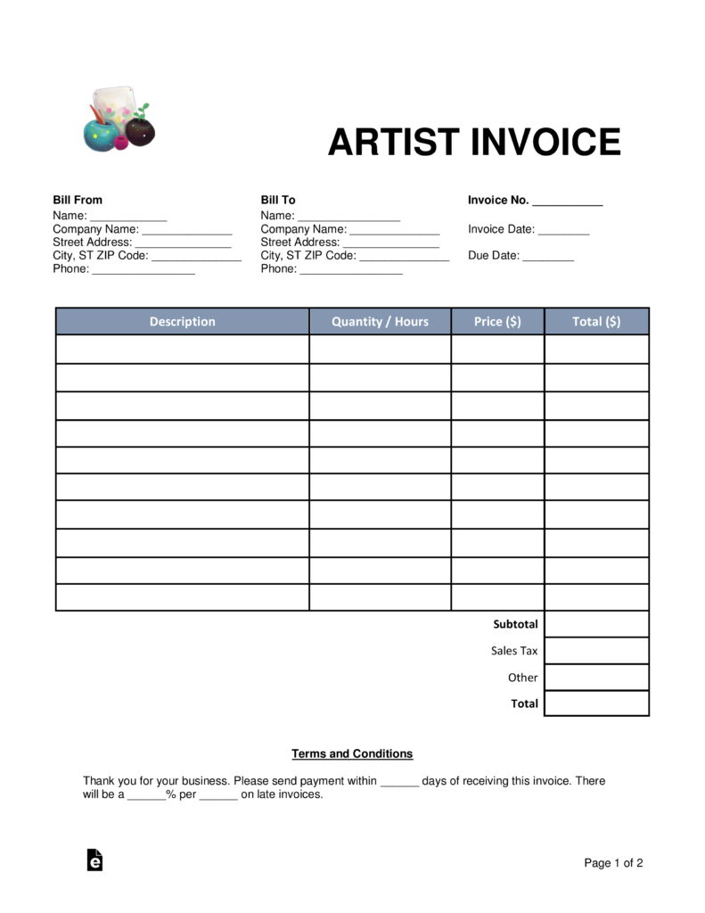 Free Artist Invoice Template Word PDF eForms