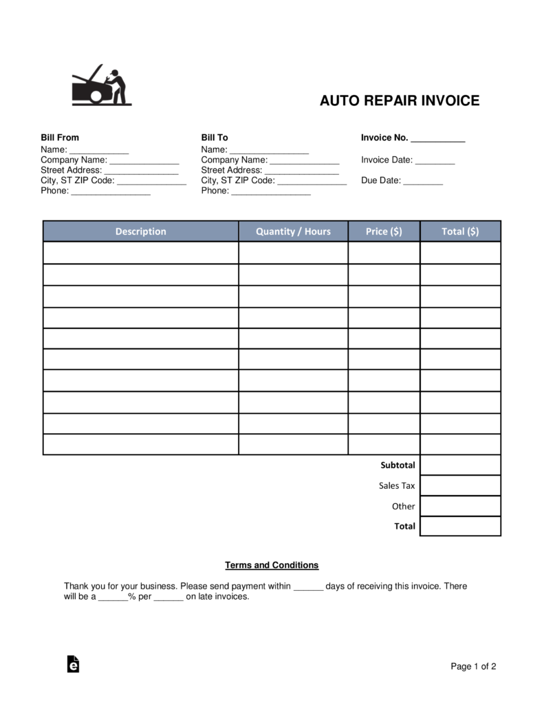 free auto body mechanic invoice template word pdf eforms