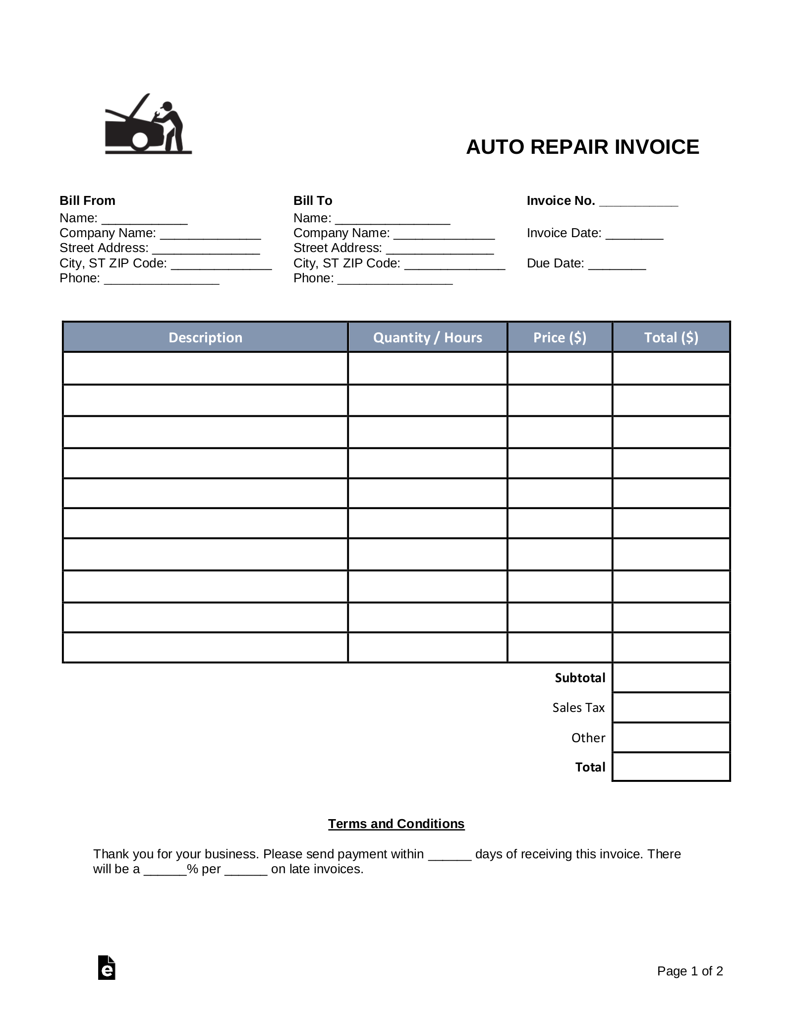 Free Auto Body Mechanic Invoice Template Word PDF EForms
