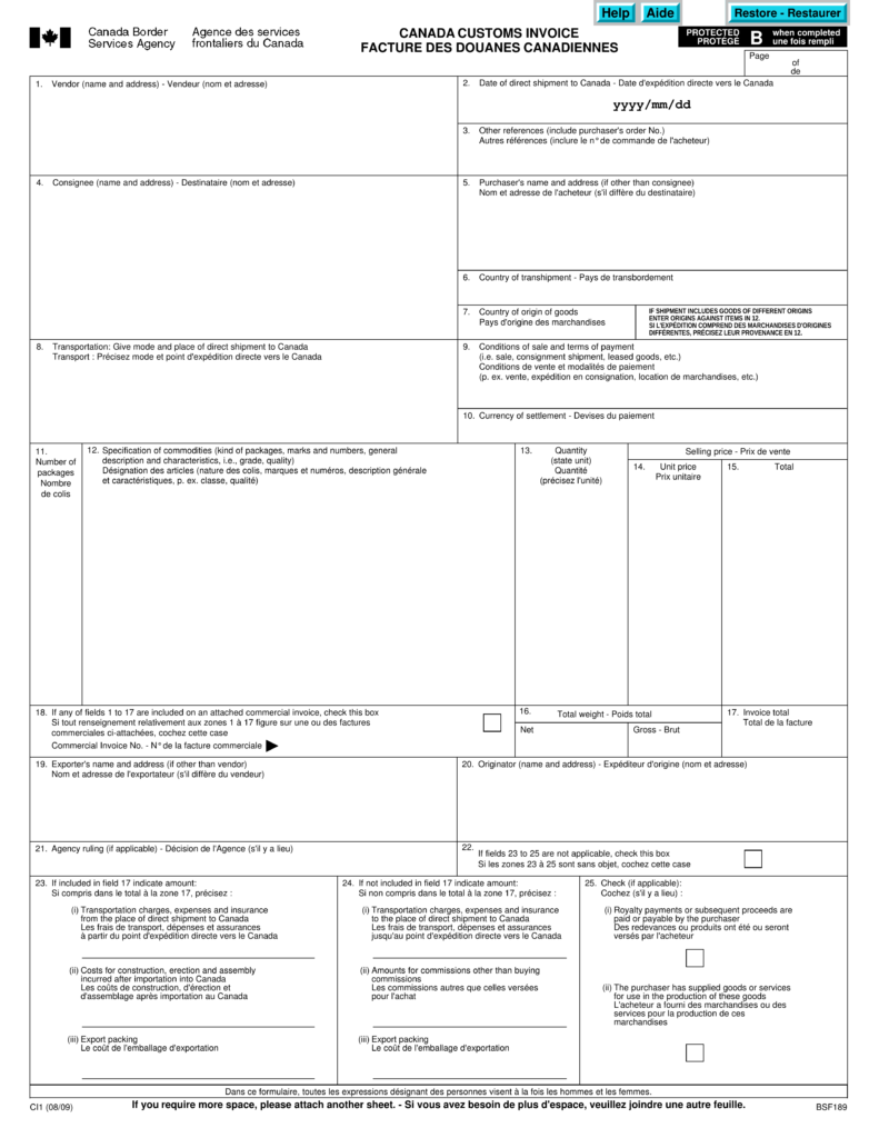 form e-invoice PDF ci1 Form Commercial Invoice Free Canadian Template