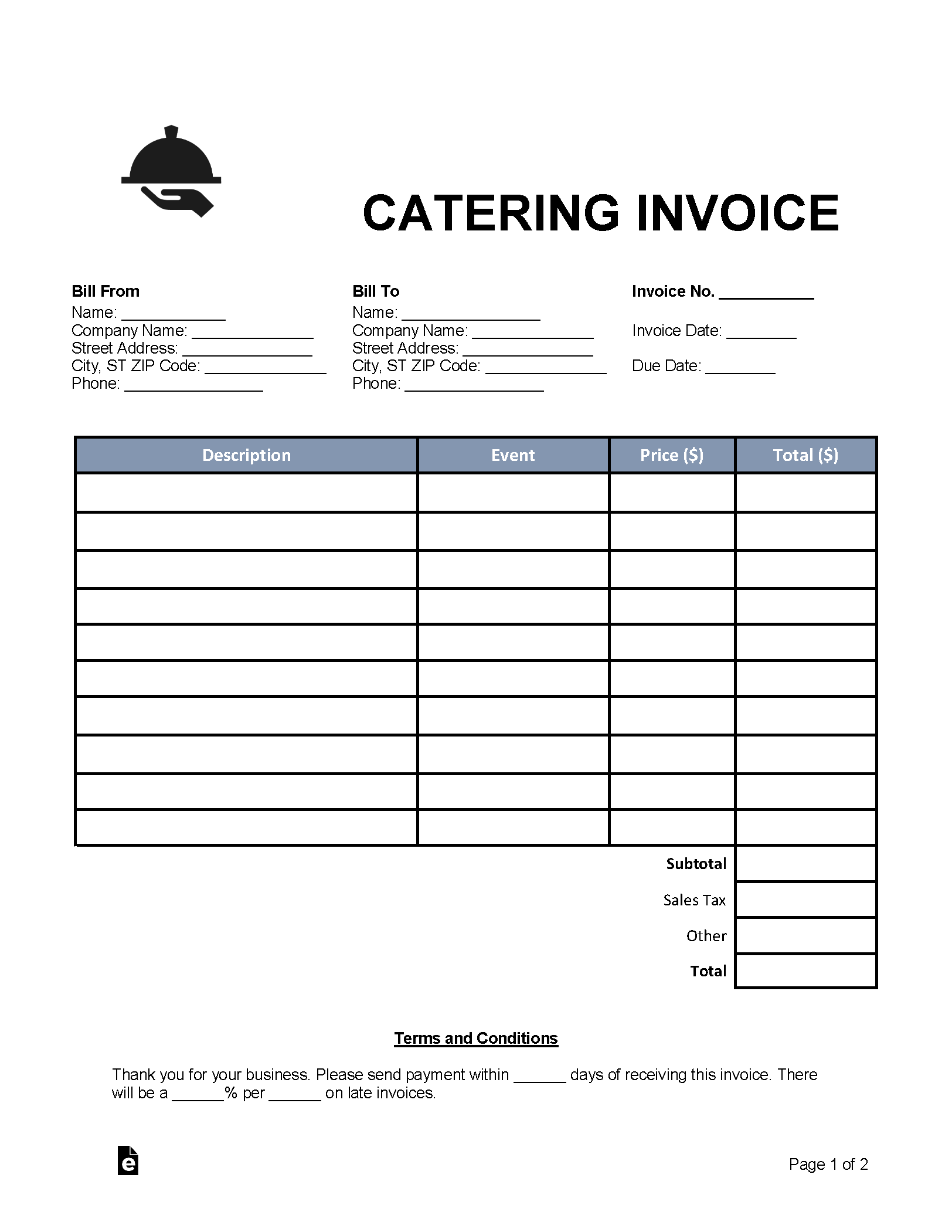 free catering invoice template word pdf eforms