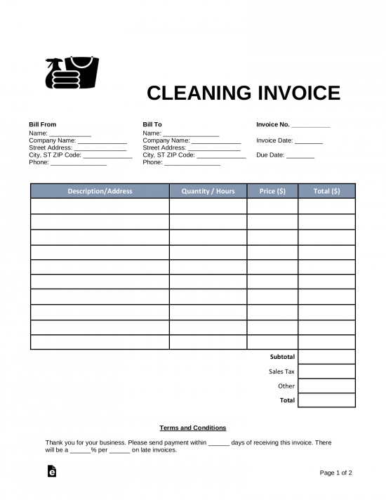 free cleaning housekeeping invoice template word pdf eforms