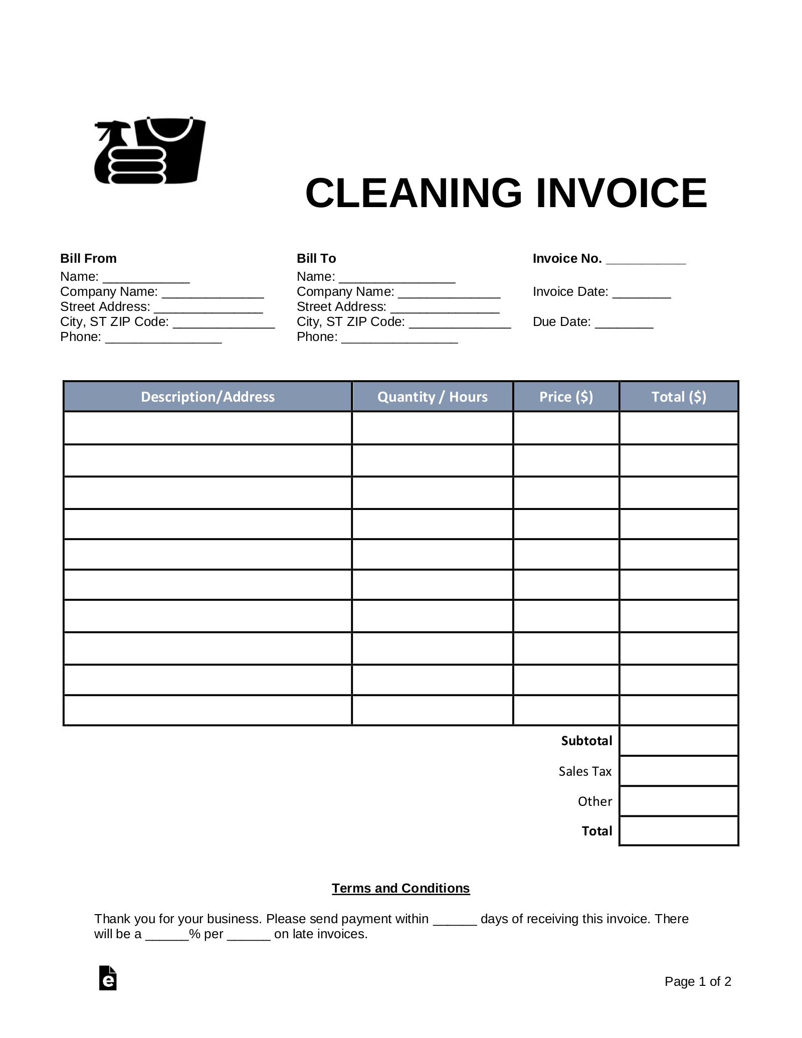 Free Cleaning (Housekeeping) Invoice Template PDF Word eForms
