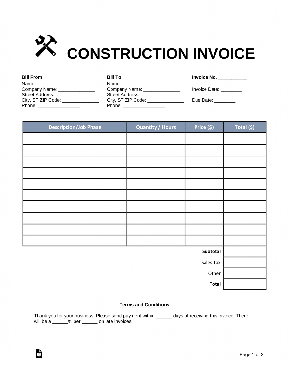 Free Construction Invoice Template PDF Word eForms