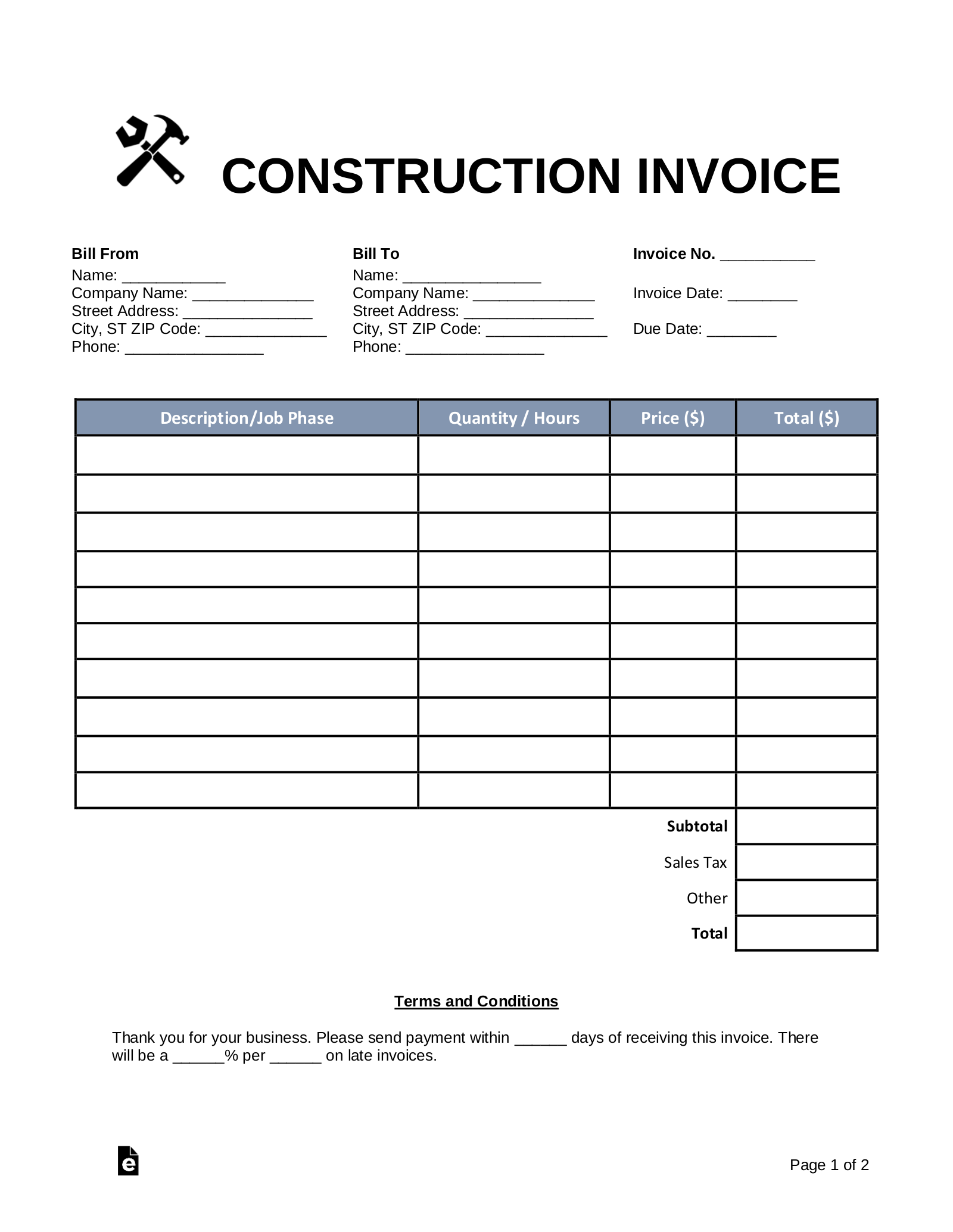 Free Construction Invoice Template Pdf Heritagechristiancollege Hot