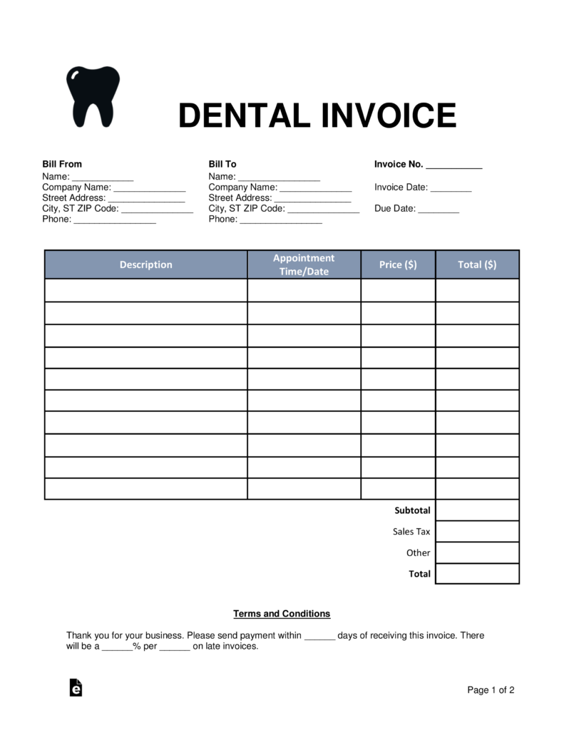 free dental invoice template word pdf eforms