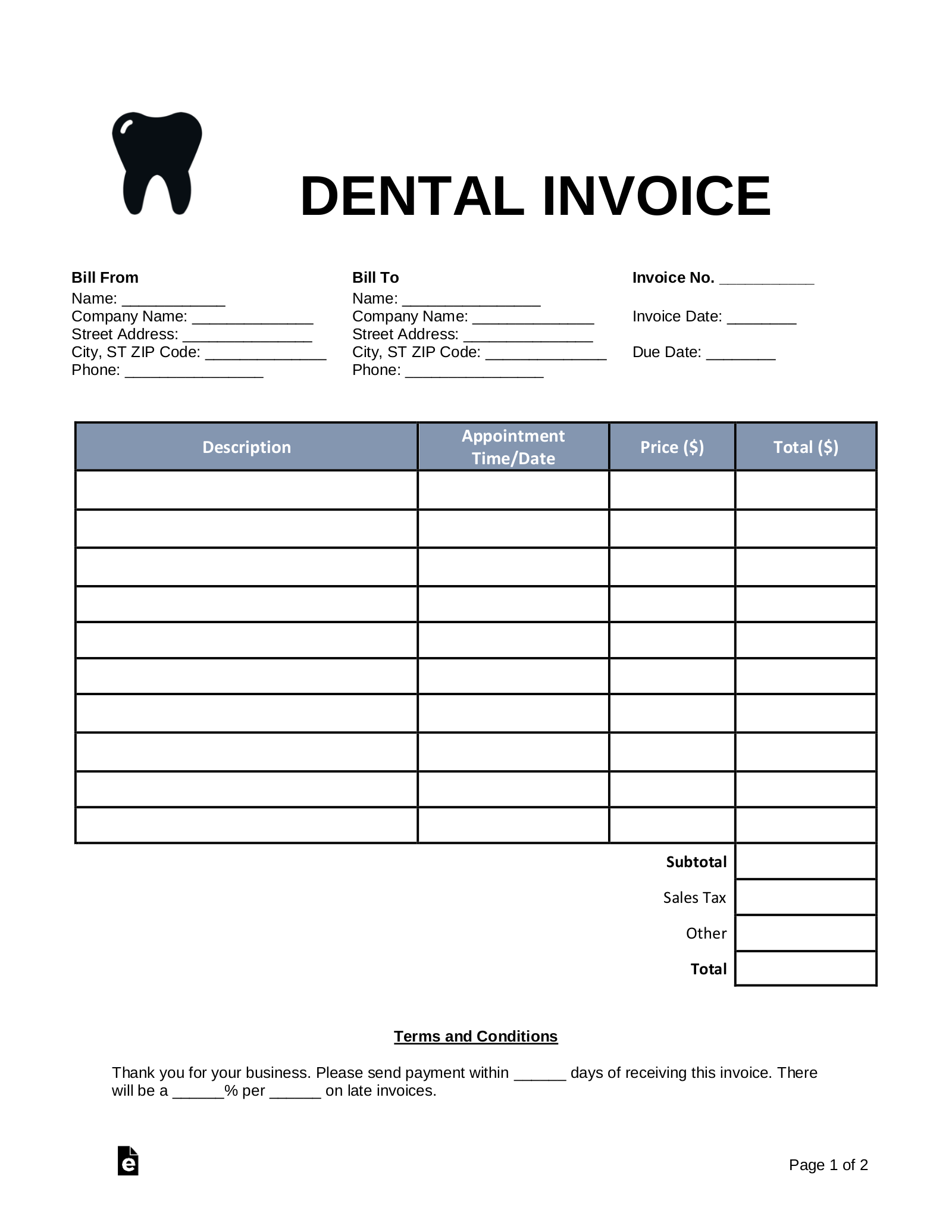 Free Dental Invoice Template Word PDF eForms