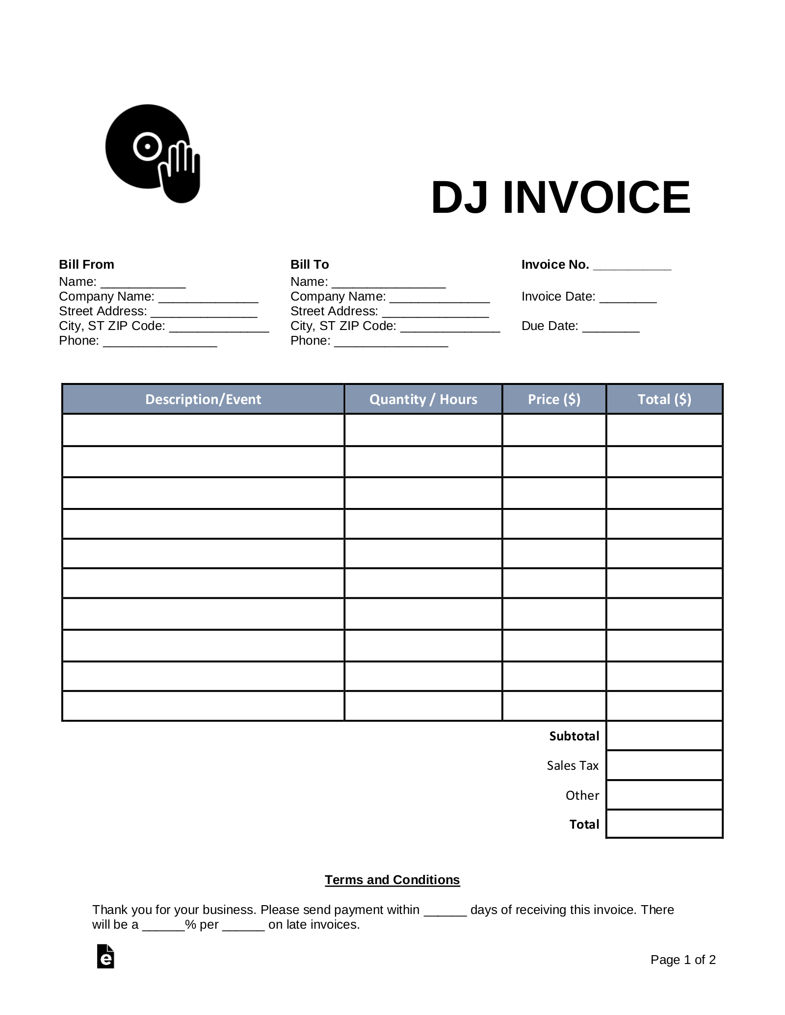free dj disc jockey invoice template word pdf eforms